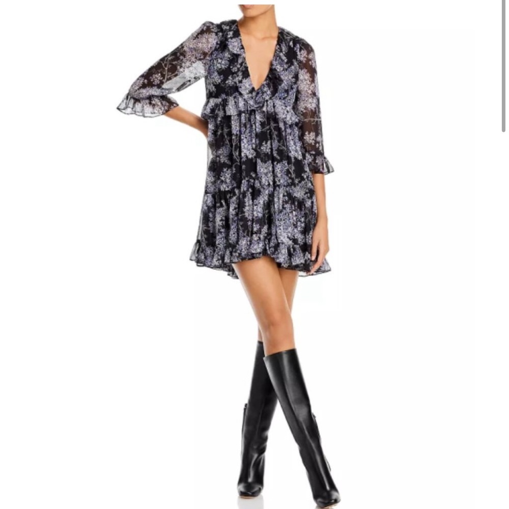 New! CINQ À SEPT 'Emori' Floral-Print Ruffle-Trim Mini-Dress, Black Multi